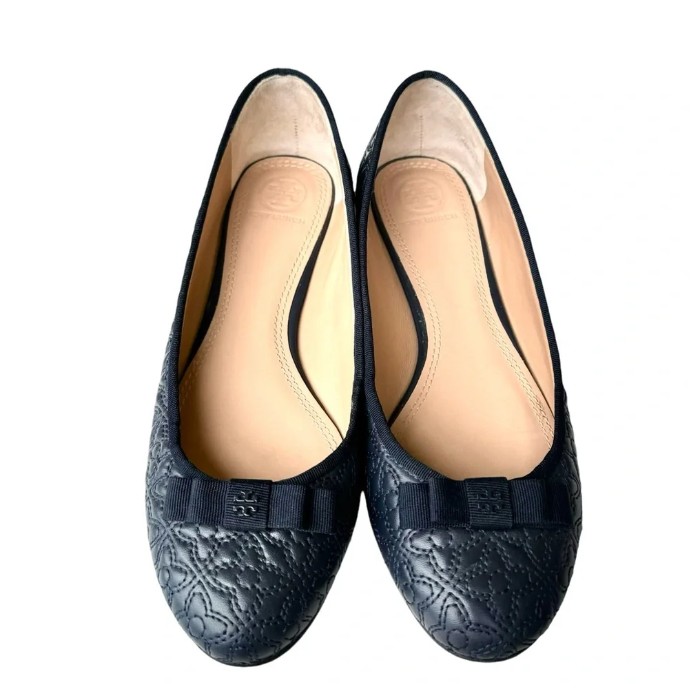 Tory Burch Marion Quilted Navy Blue Flats Leather Bow Detail